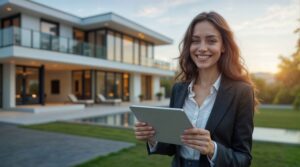 Estate manager using household management software on a tablet outside a private residence