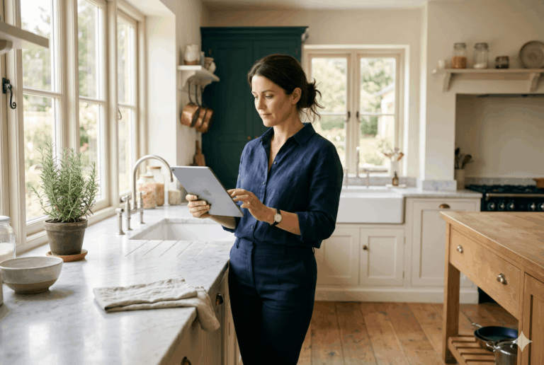 Estate manager using household management software on a tablet in a private residence
