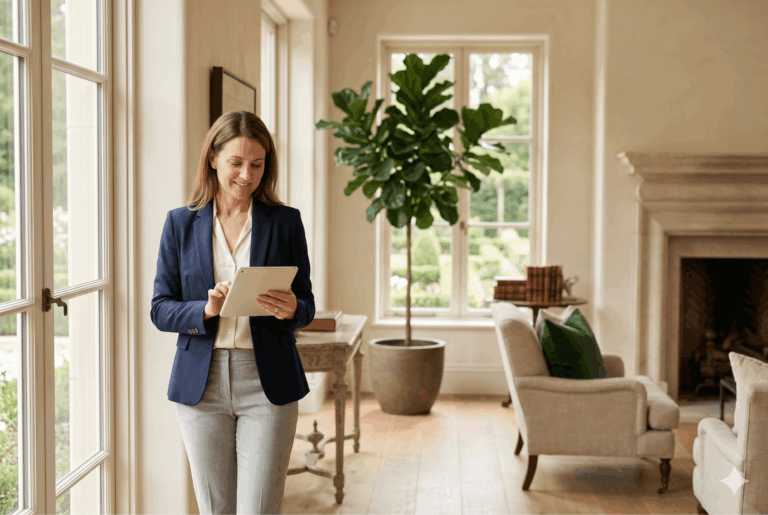 Estate management professional reviewing property operations on a tablet in a private residence