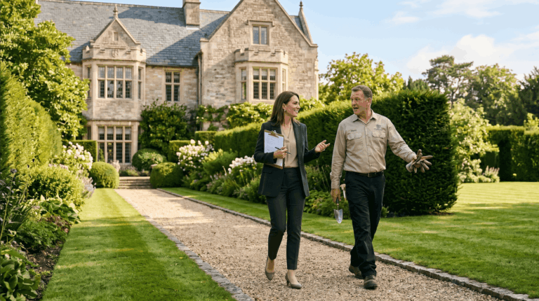 Luxury property manager walking the grounds of a high-end estate with staff