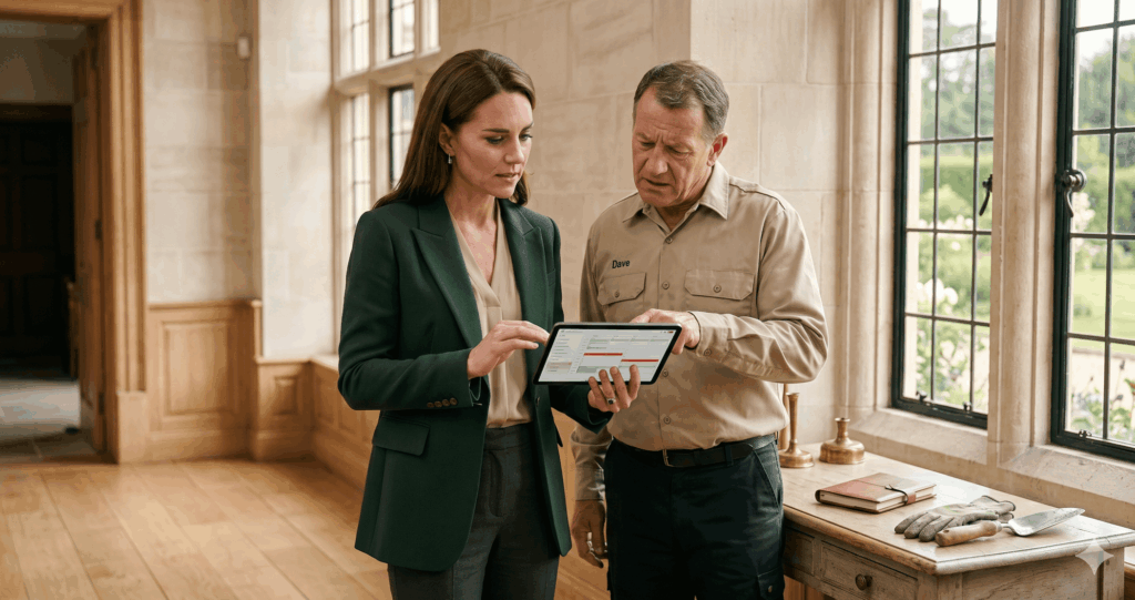 Property manager and staff coordinating vendor work at a luxury estate