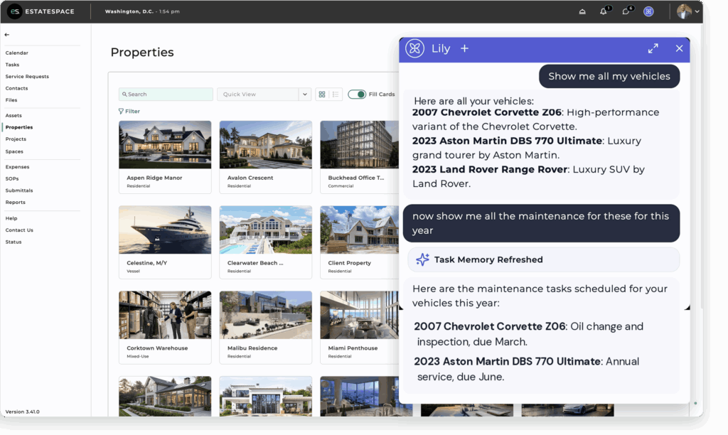 EstateSpace physical asset management platform showing a property dashboard with Lily AI assisting