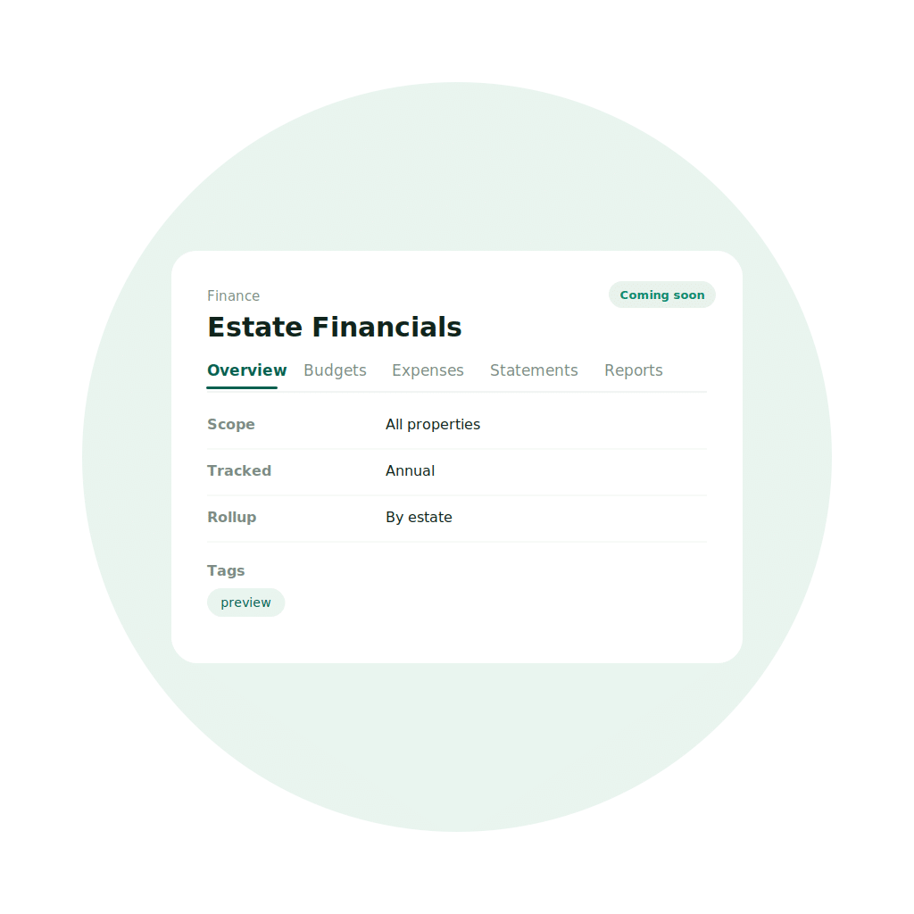 EstateSpace estate financials interface showing budgets and expenses across properties