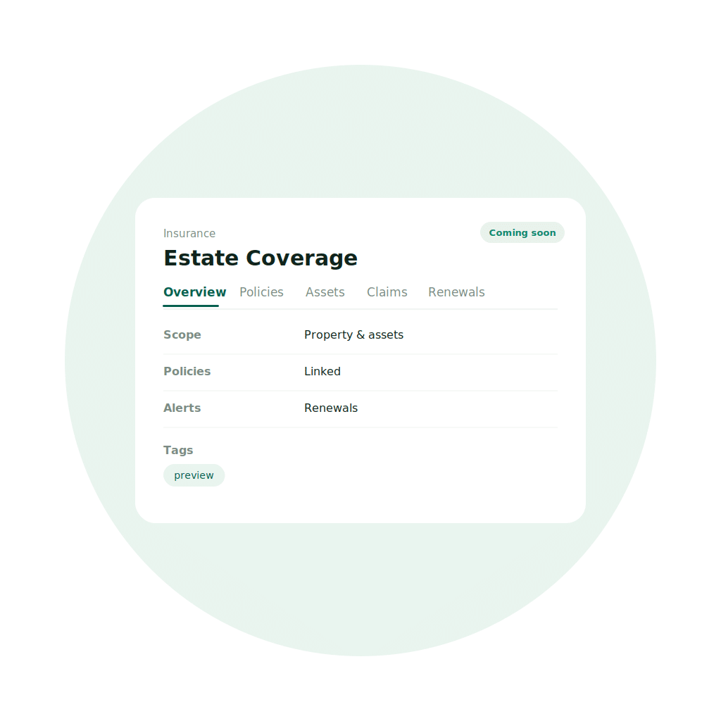 EstateSpace insurance coverage interface showing policies and renewals across assets