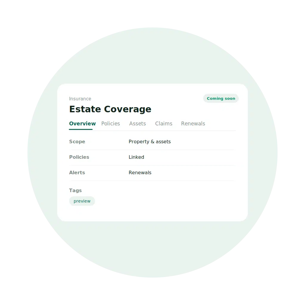 EstateSpace insurance coverage interface showing policies and renewals across assets
