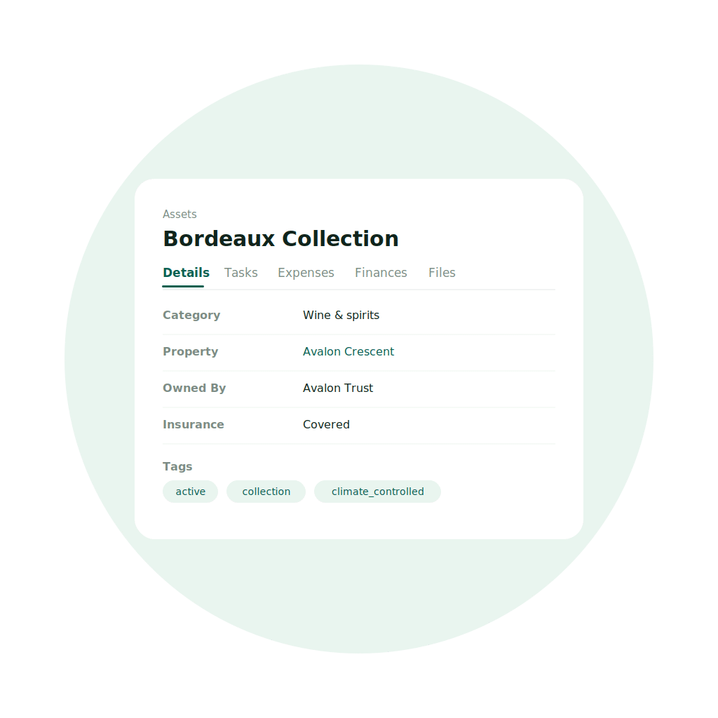 EstateSpace asset management interface showing a collection with category, owner, and insurance status
