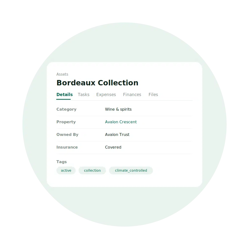 EstateSpace asset management interface showing a collection with category, owner, and insurance status