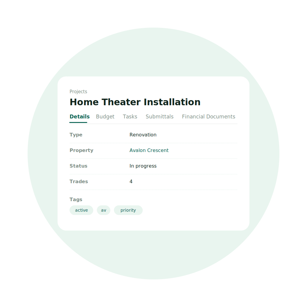 EstateSpace project management interface showing a renovation with budget, tasks, and submittals