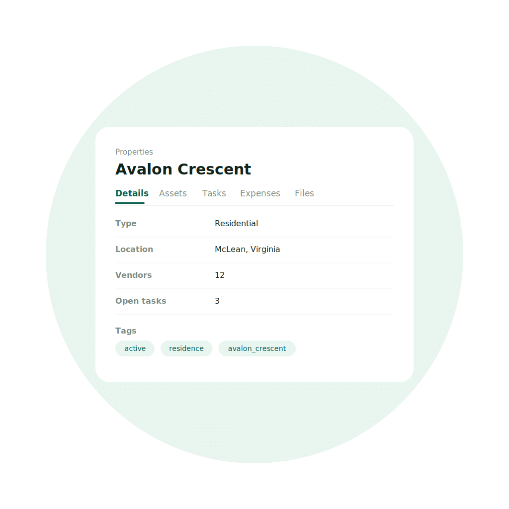 EstateSpace property management interface showing a residence with tasks, vendors, and expenses