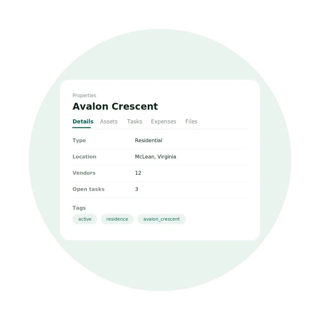 EstateSpace property management interface showing a residence with tasks, vendors, and expenses