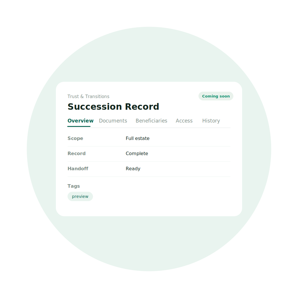 EstateSpace succession interface showing estate documents, access, and transition records