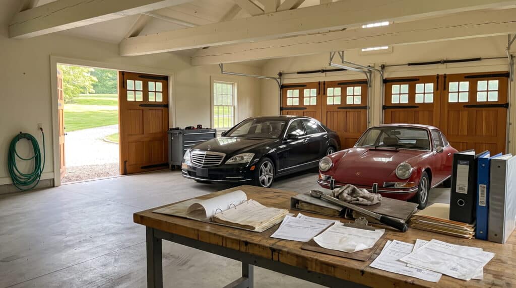 Two collector vehicles in an estate garage beside a workbench covered in binders and loose paperwork